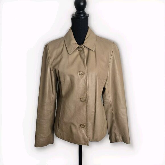 Colebrook & Co Leather Jacket Women Medium Button Up Tan Neutral Beige - Picture 1 of 12